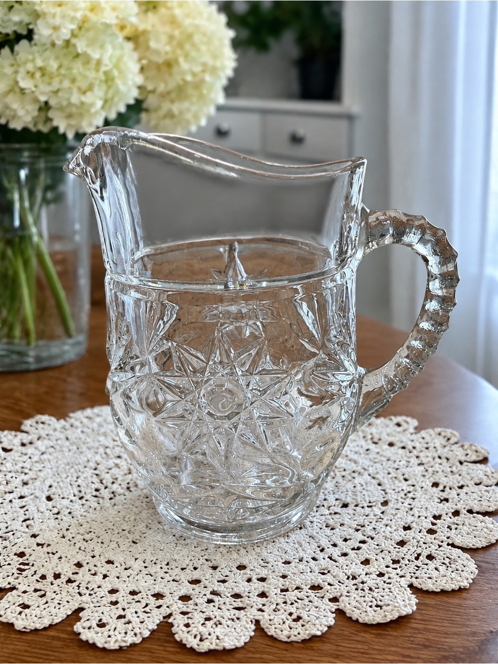 Vintage Anchor Hocking EAPC Star of David Clear Glass Pint Pitcher 5.5”